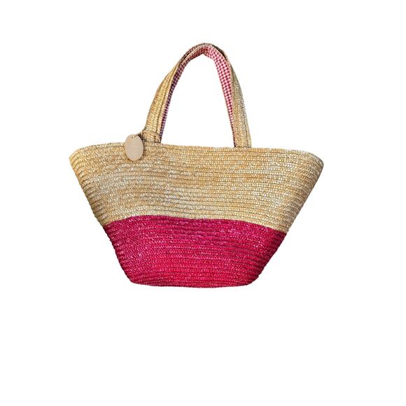 Straw Studios Straw/Wicker Tote hand bag  Carryall Checkered Lining EUC 16” X 11 - Picture 2 of 4